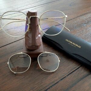 Oliver Peoples Gold Round Glasses with Clip-On Lenses